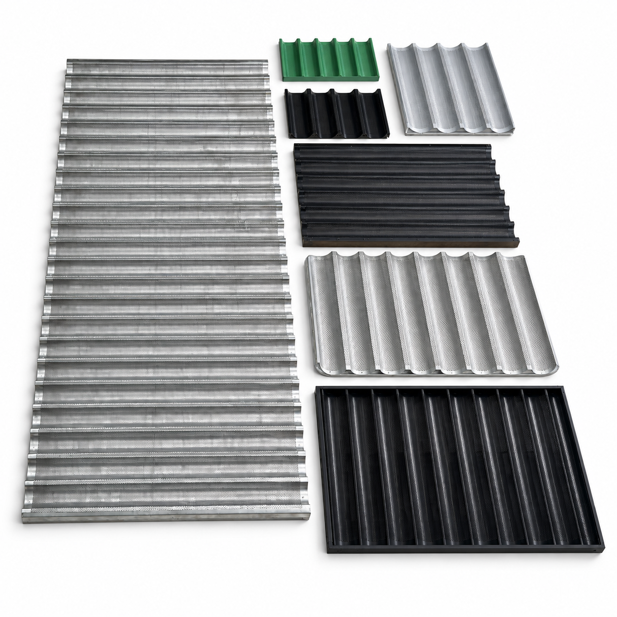 Commercial baguette trays in multiple finishes on a white background
