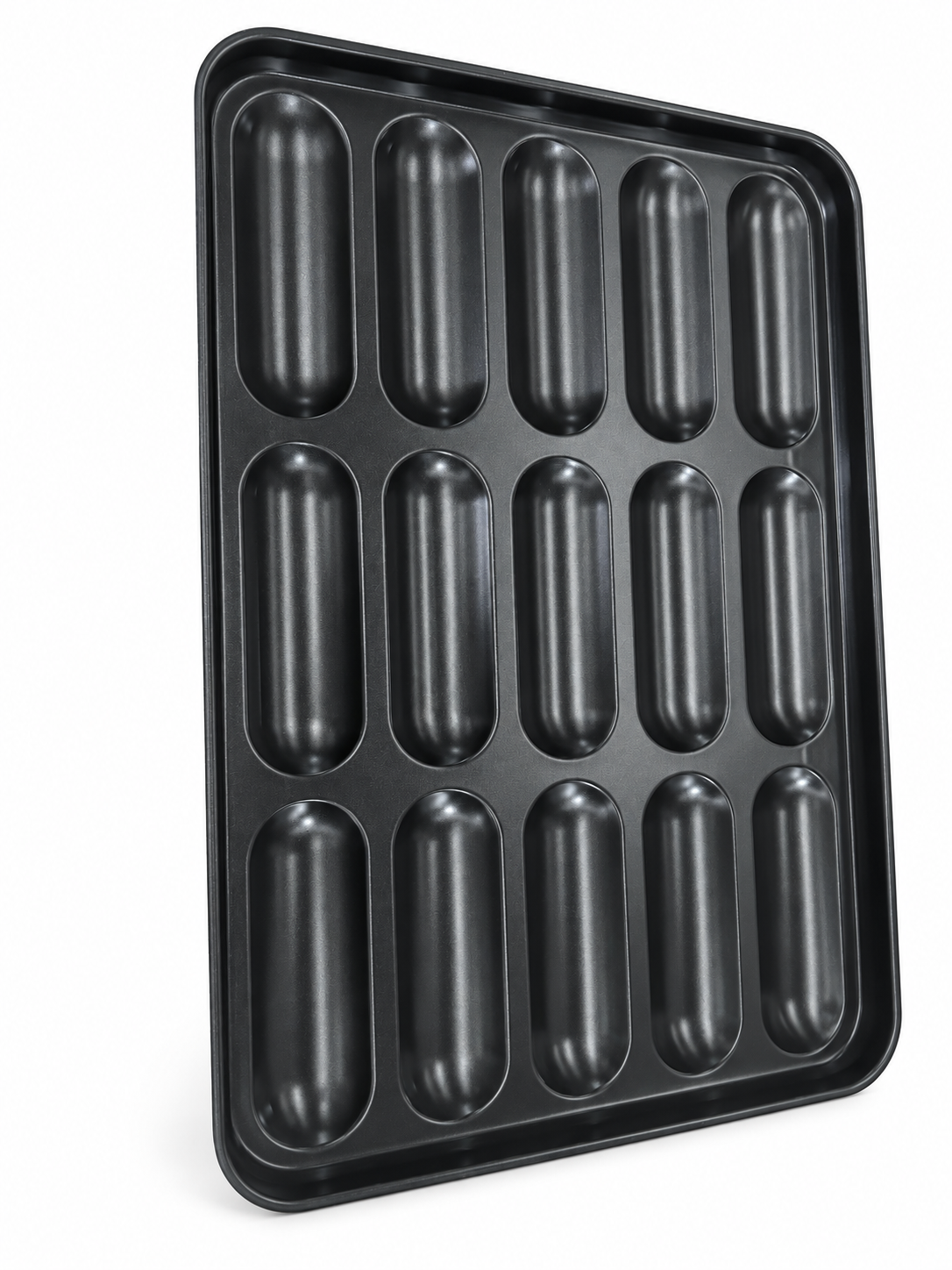 Black nonstick hoagie roll pan with 15 round-bottom cavities in a 3 by 5 layout