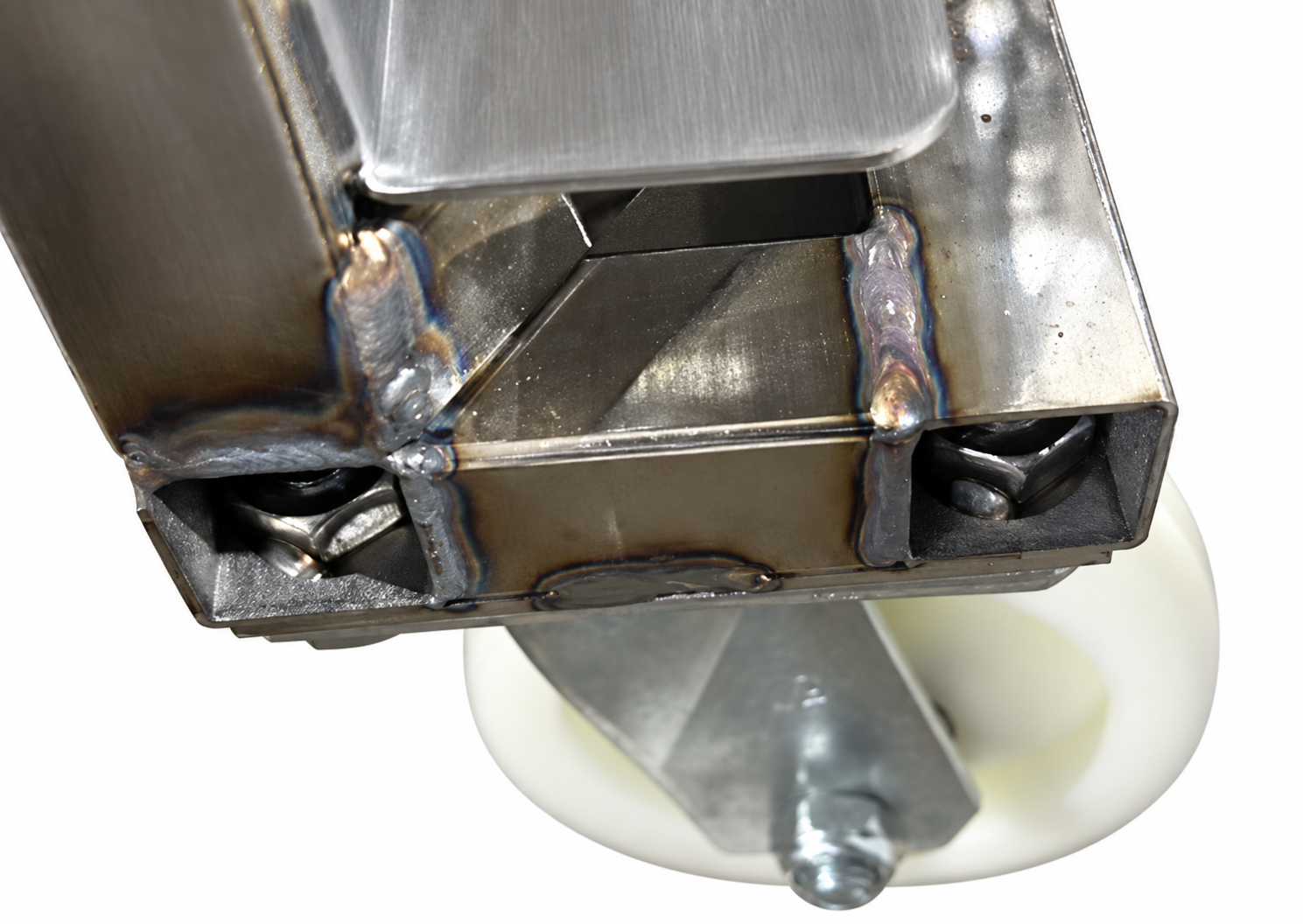 New X rack plate-mounted caster attachment beneath the frame